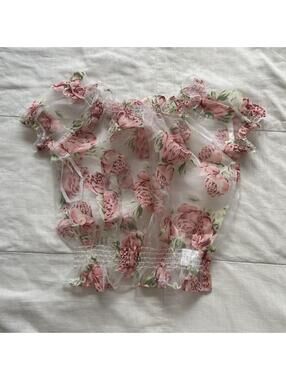 Liz Lisa Pink Rose Floral Sheer Mesh Off Shoulder Smocked Peplum Blouse XS